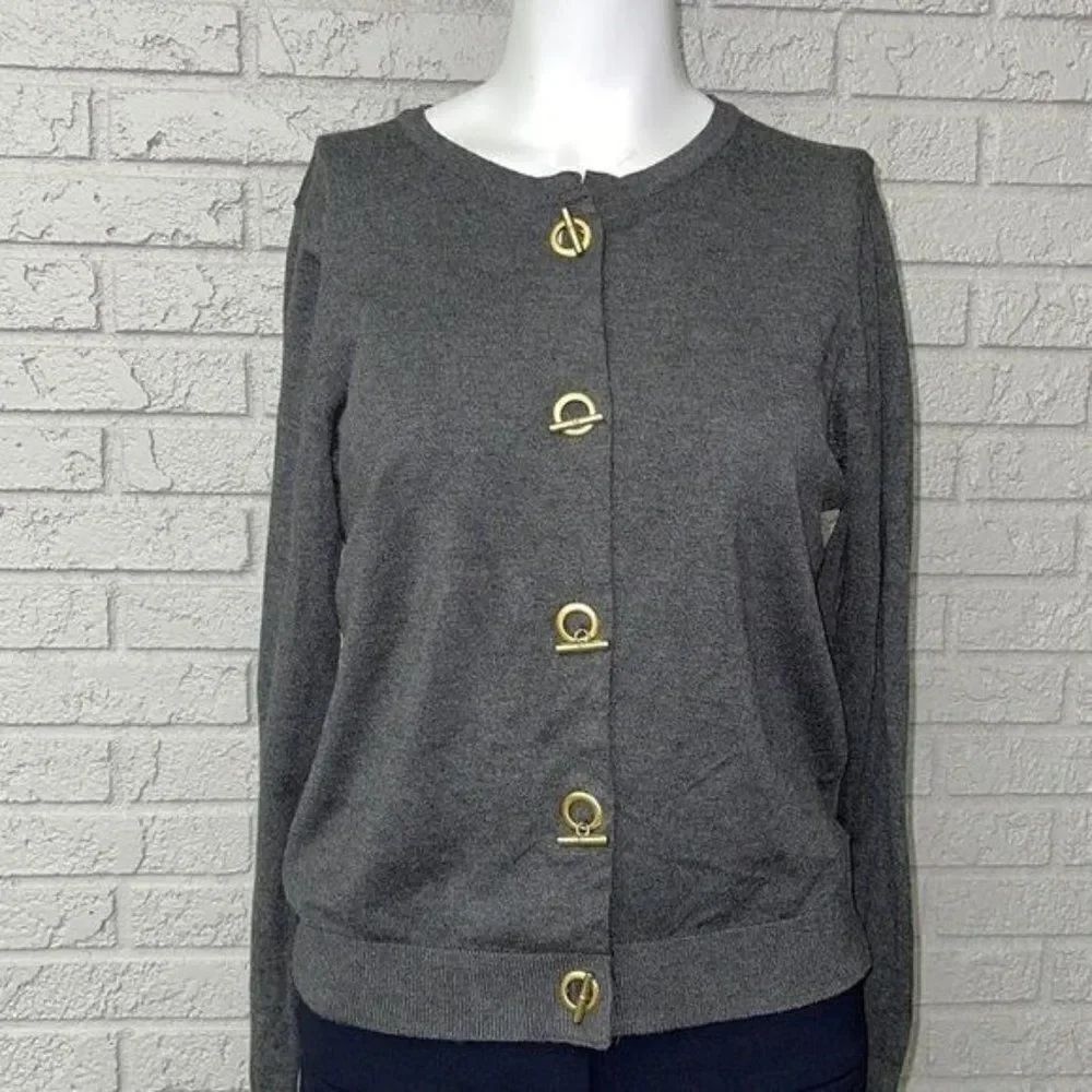 Ellen Tracy Gray Gold Cardigan Sweater Size M